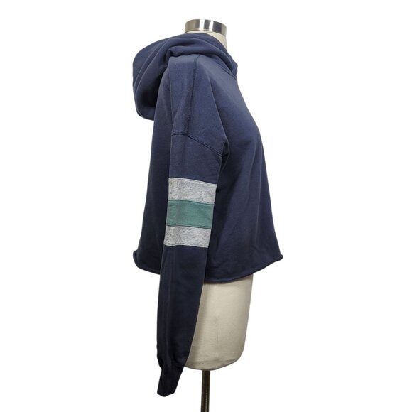 Abercrombie & Fitch Navy Blue Hoodie Sweatshirt XS Cropped Fit Striped Sleeve - Picture 3 of 10